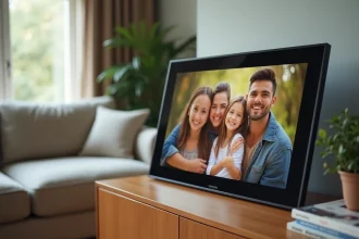 Cadre photo numérique connecté WiFi posé sur un meuble en bois dans un salon moderne affichant un portrait de famille