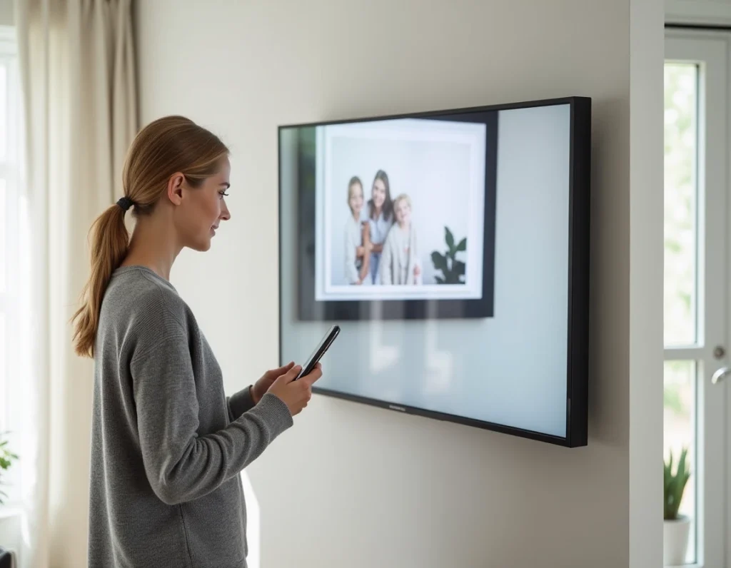 Femme utilisant son smartphone pour gérer un écran photo numérique connecté WiFi accroché au mur d'un appartement minimaliste
