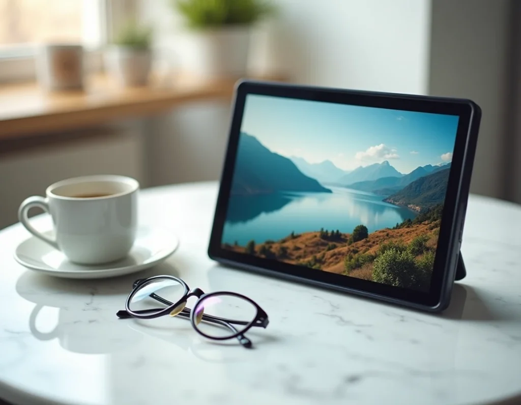 Gros plan sur l'écran haute résolution d'un cadre photo numérique WiFi posé sur un plan de travail en marbre blanc avec une tasse de café