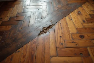 Contraste de teinte visible sur un parquet en bois avec une zone noircie sous un ancien emplacement de meuble