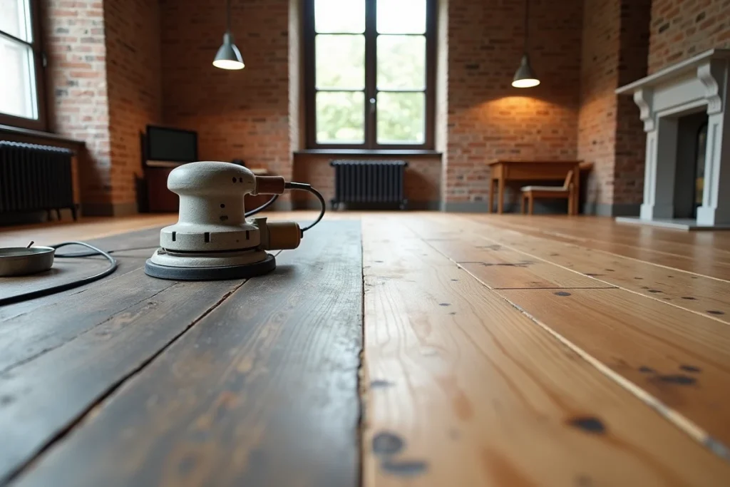 Parquet en bois mi-poncé mi-noirci dans une salle à manger en cours de rénovation pour unifier la teinte