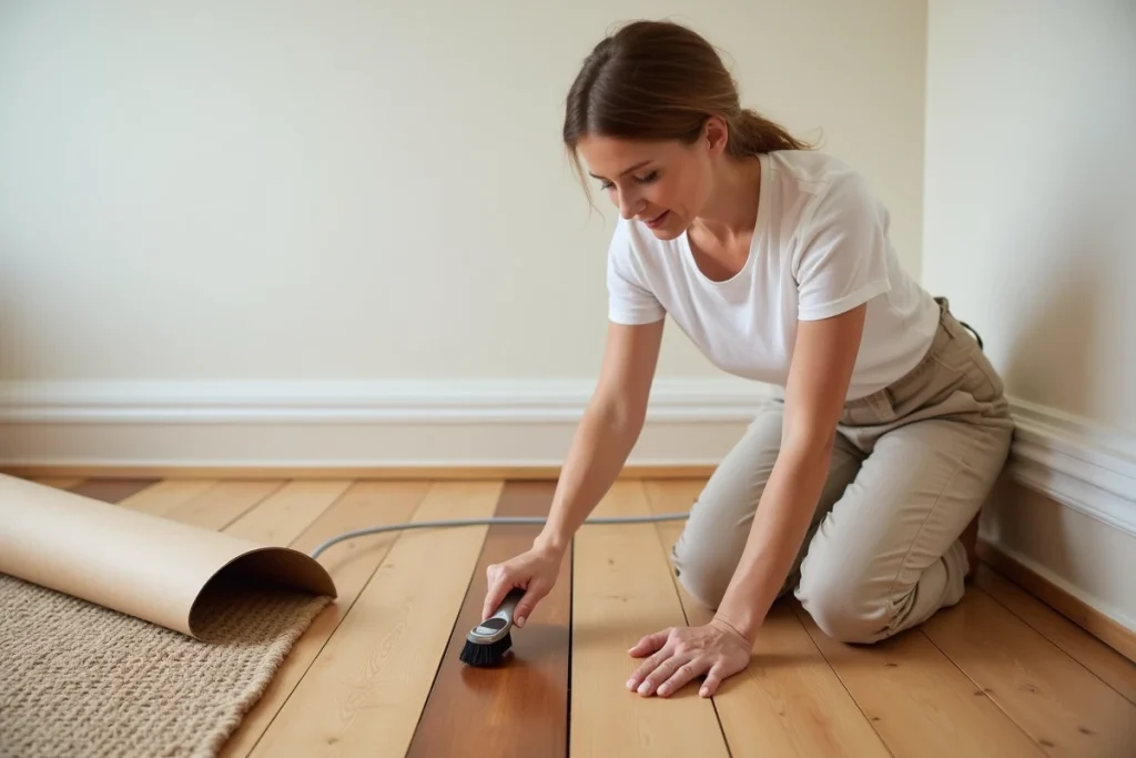 Femme appliquant une lasure pour unifier la teinte d'un parquet noirci sous un ancien tapis dans un salon rénové