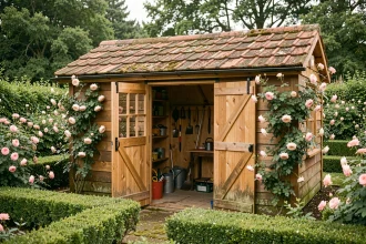 Abri de jardin en bois avec toit en tuiles et portes à double vantail entouré de végétation luxuriante