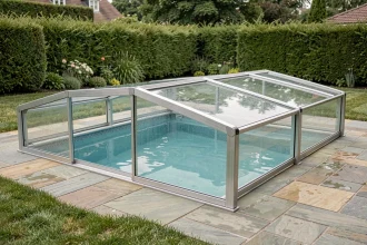 Abri de piscine moderne en verre et aluminium couvrant une piscine rectangulaire dans un jardin résidentiel soigné