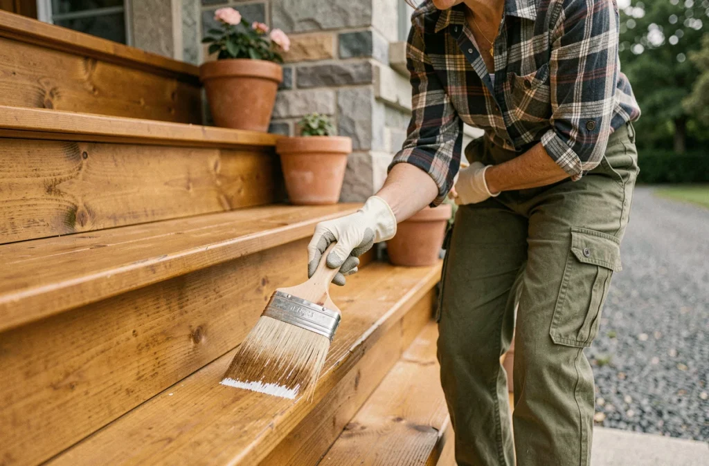 Femme appliquant une lasure protectrice sur les marches d'un escalier extérieur en bois avec un large pinceau