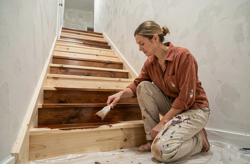 Femme appliquant une lasure sur les marches d'un escalier en bois en cours de rénovation