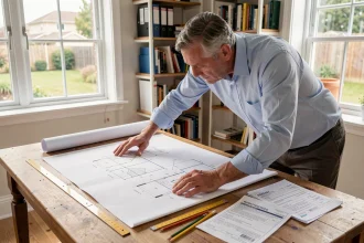 Architecte examinant les plans de construction d'une piscine avec des formulaires de permis sur un bureau en bois