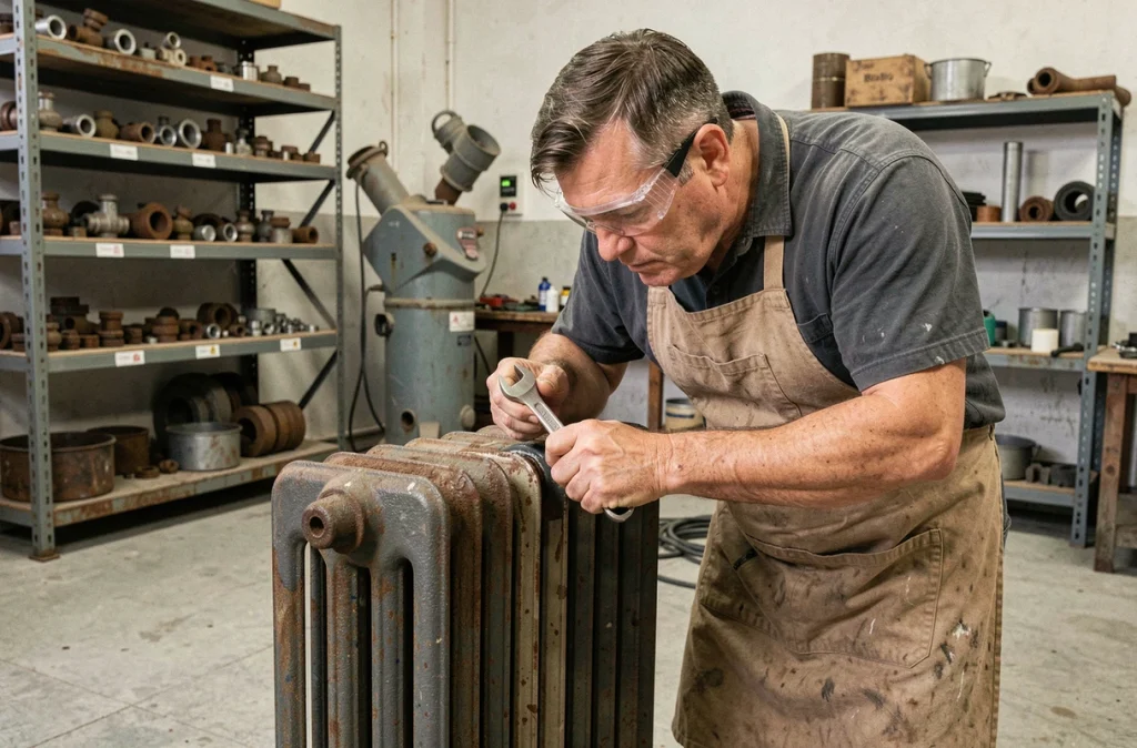 Artisan spécialisé inspectant un robinet de radiateur en fonte rénové dans un atelier de rénovation professionnel