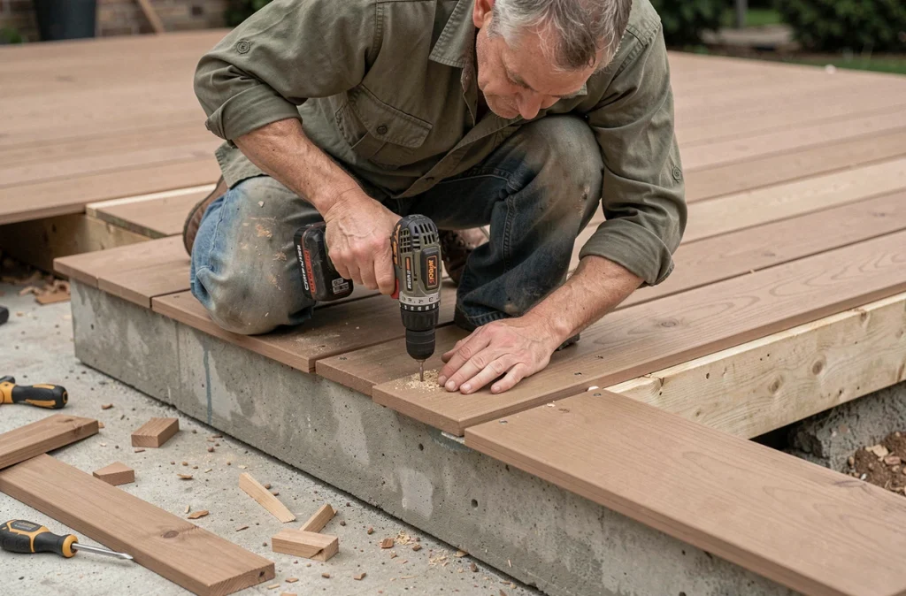 Artisan posant des lames de terrasse en bois composite lors de l'aménagement d'un espace extérieur
