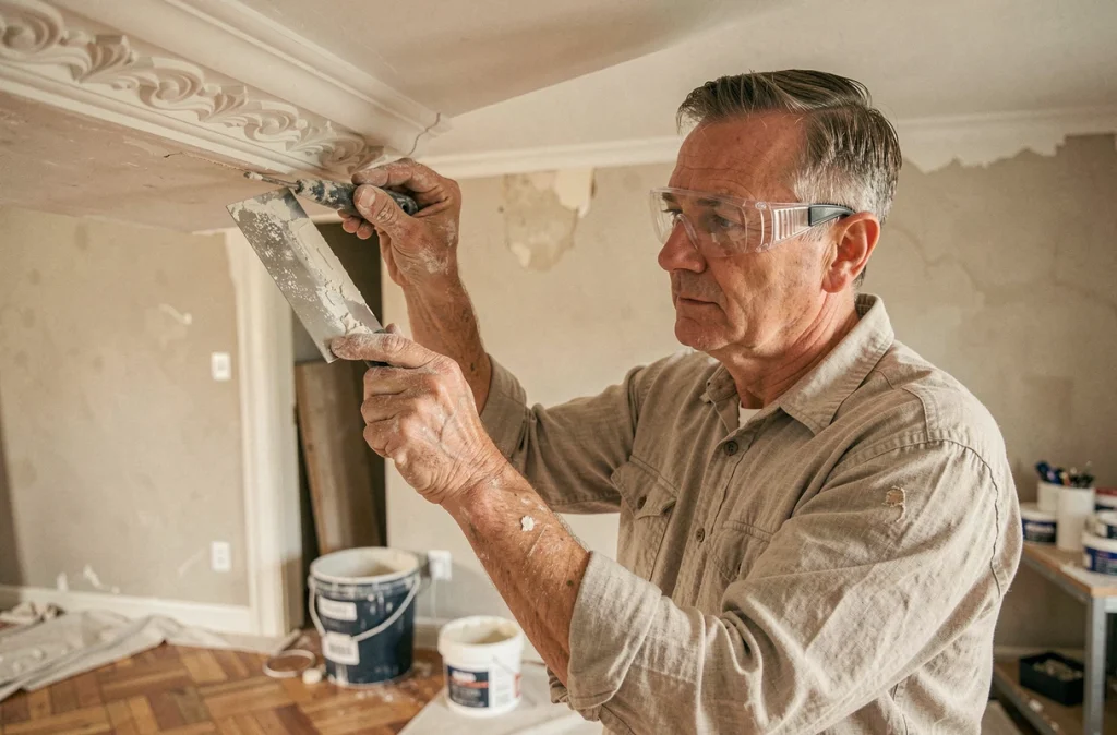 Artisan posant une moulure décorative en corniche sur un plafond lors de la rénovation d'un appartement ancien