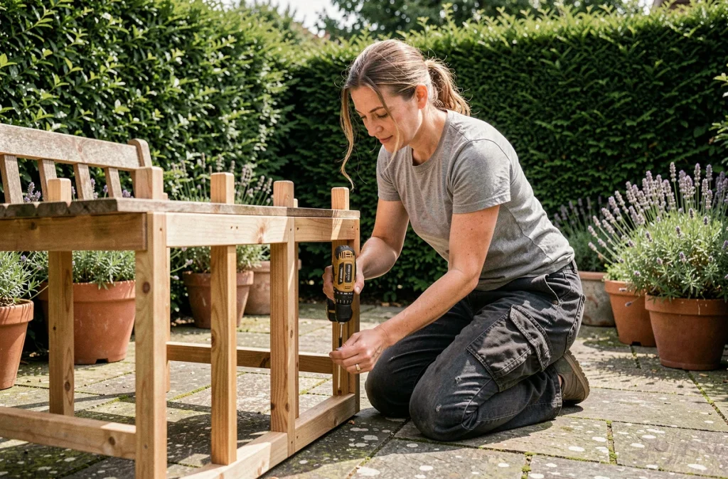 Femme assemblant les pieds d'un banc de jardin en bois fait main sur une terrasse en pierre entourée de végétation