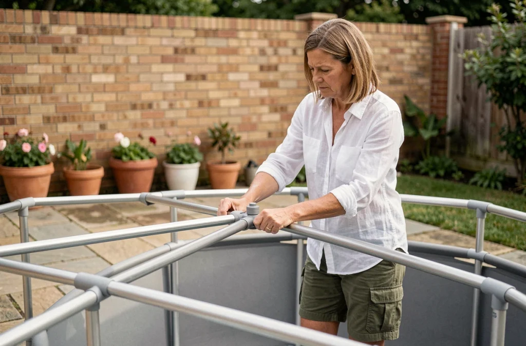 Femme assemblant la structure métallique d'une piscine hors sol dans un jardin résidentiel