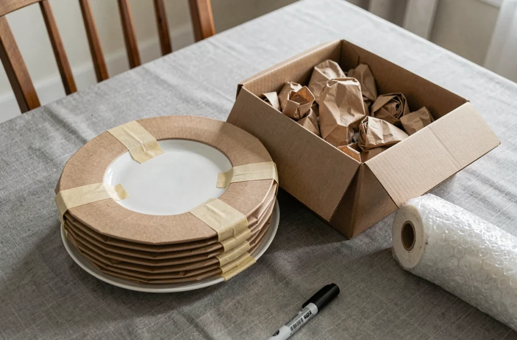 Assiettes en porcelaine emballées dans du papier kraft prêtes pour un déménagement