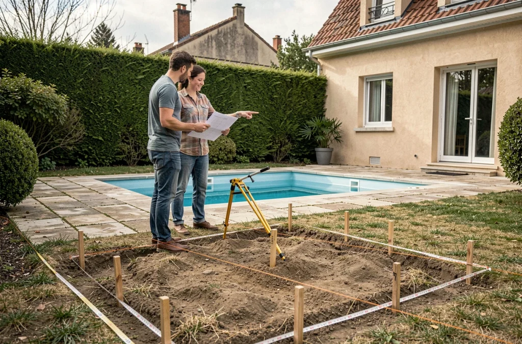 Couple consultant un document d'urbanisme dans un jardin balisé pour l'installation future d'une piscine