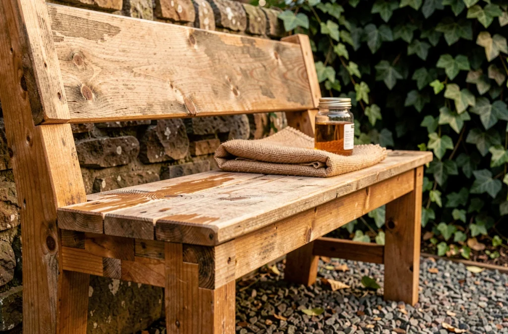 Banc de jardin en bois recyclé fait maison posé sur un chemin de gravier, avec huile de lin et finition artisanale visible