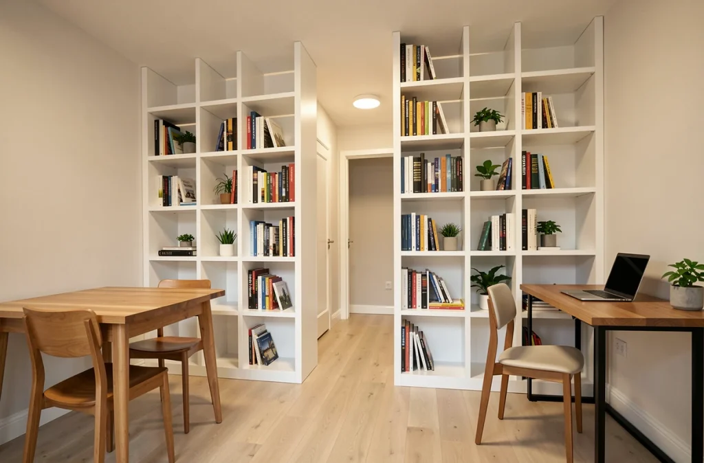 Bibliothèque cloison modulaire blanche séparant la salle à manger et le bureau dans un petit appartement