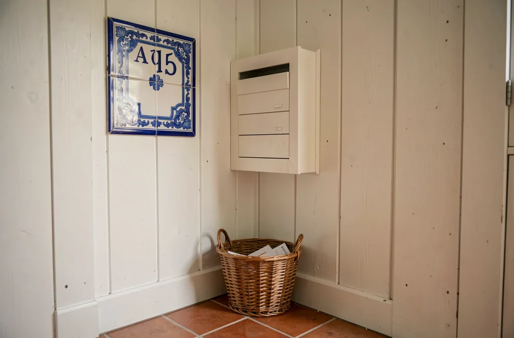 Boîte aux lettres encastrée dans boiserie blanche avec numéro en céramique style Provençal dans entrée de maison