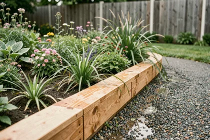 Bordure en bois de chêne brut délimitant un massif fleuri dans un jardin résidentiel