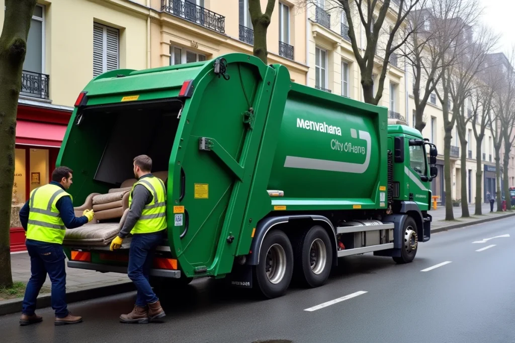 Camion de collecte des encombrants de la Ville de Paris avec agents en train de charger des meubles