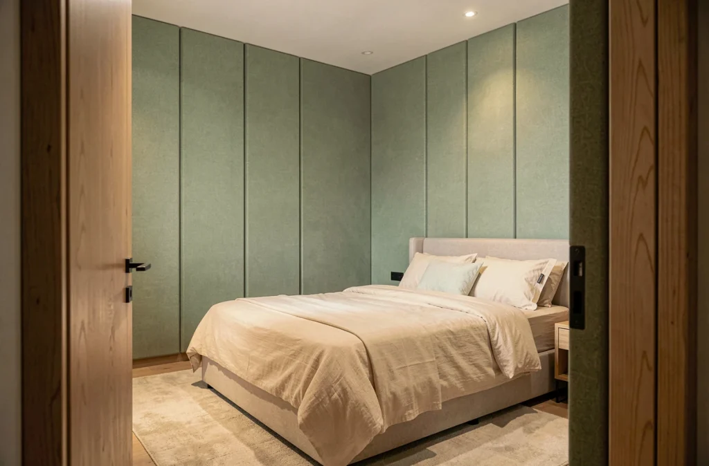 Chambre à coucher moderne équipée de panneaux acoustiques en tissu vert sauge pour une isolation phonique optimale