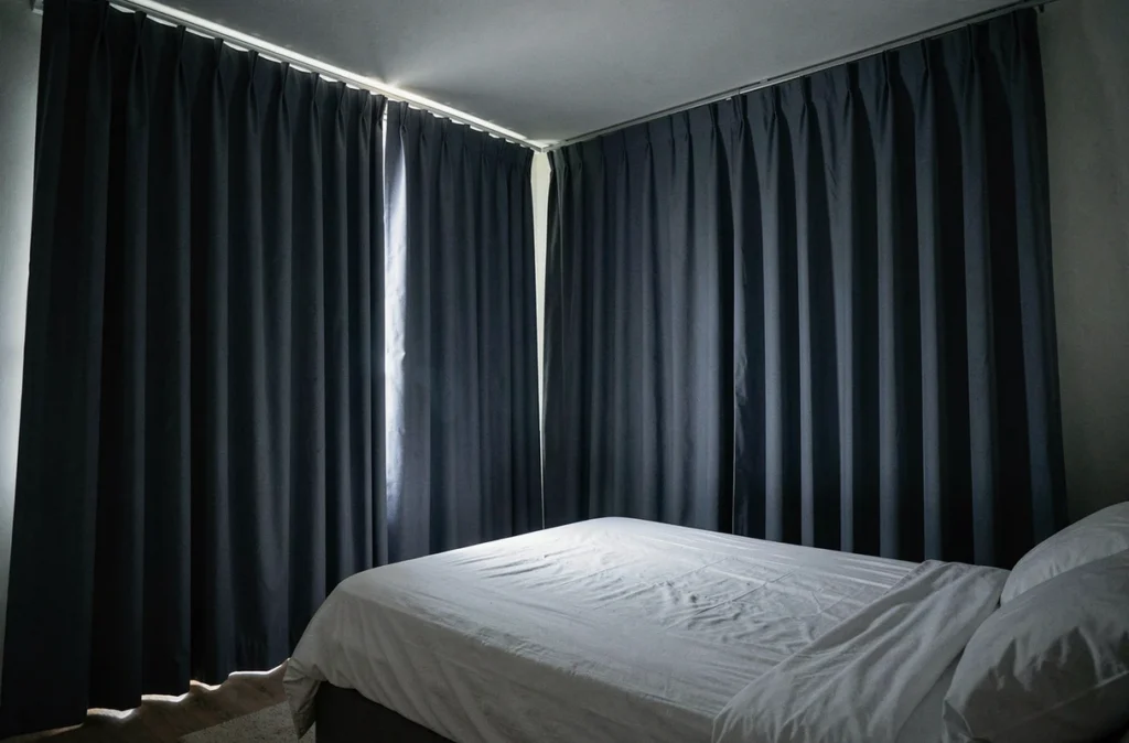 Chambre plongée dans l'obscurité grâce à des rideaux occultants bleu ardoise fermés empêchant la lumière extérieure d'entrer