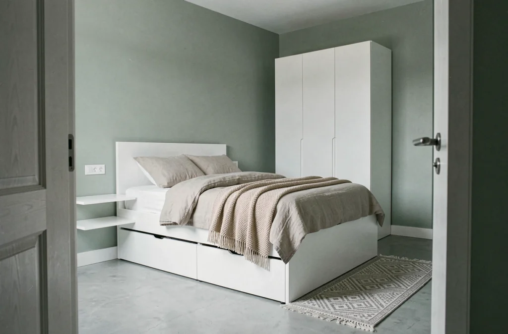 Petite chambre scandinave avec lit coffre BUT et rangements intégrés optimisant l'espace