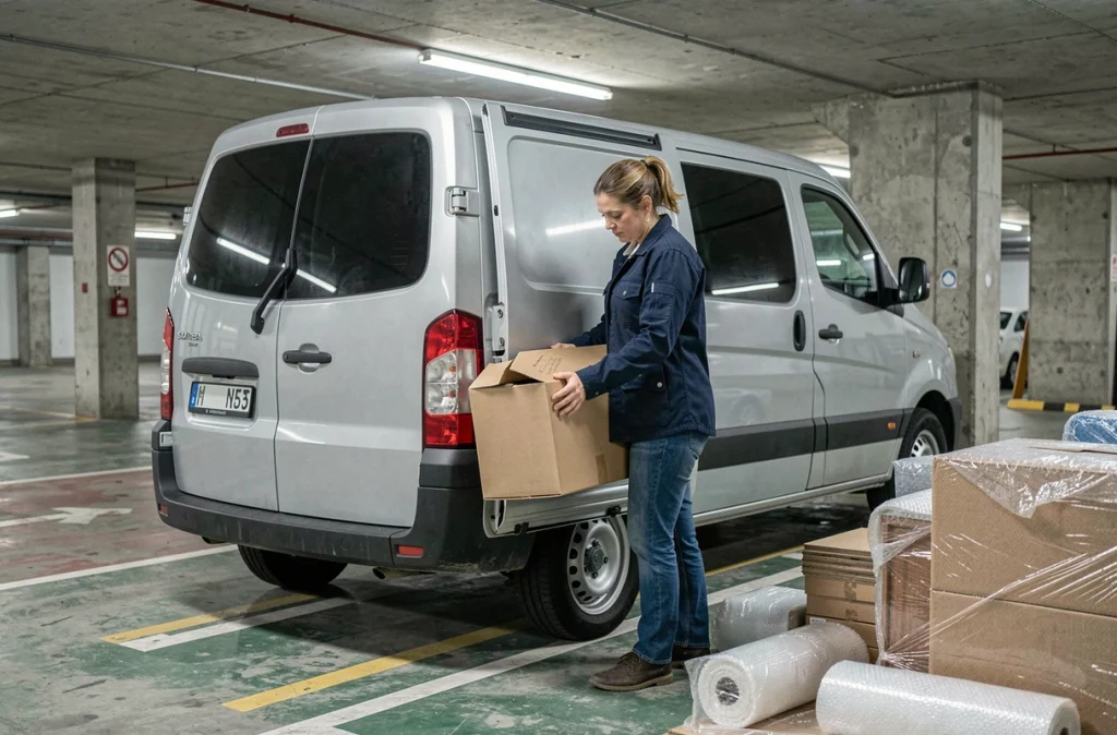 Femme chargeant des cartons de meubles dans un utilitaire de location dans un parking souterrain urbain