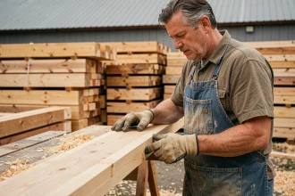 Charpentier examinant une planche de bois dur dans un chantier extérieur, différentes essences de bois empilées en arrière-plan