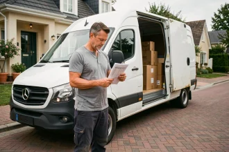 Homme consultant une liste de contrôle devant un grand camion de déménagement blanc garé dans une rue résidentielle