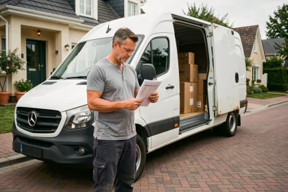 Homme consultant une liste de contrôle devant un grand camion de déménagement blanc garé dans une rue résidentielle
