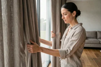 Femme examinant la qualité d'un rideau occultant épais dans un salon moderne avec parquet en chêne