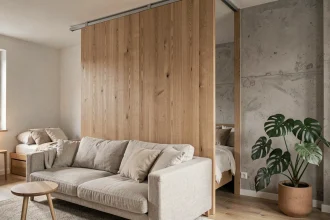 Cloison amovible en bois de chêne séparant le salon et la chambre dans un petit appartement parisien moderne