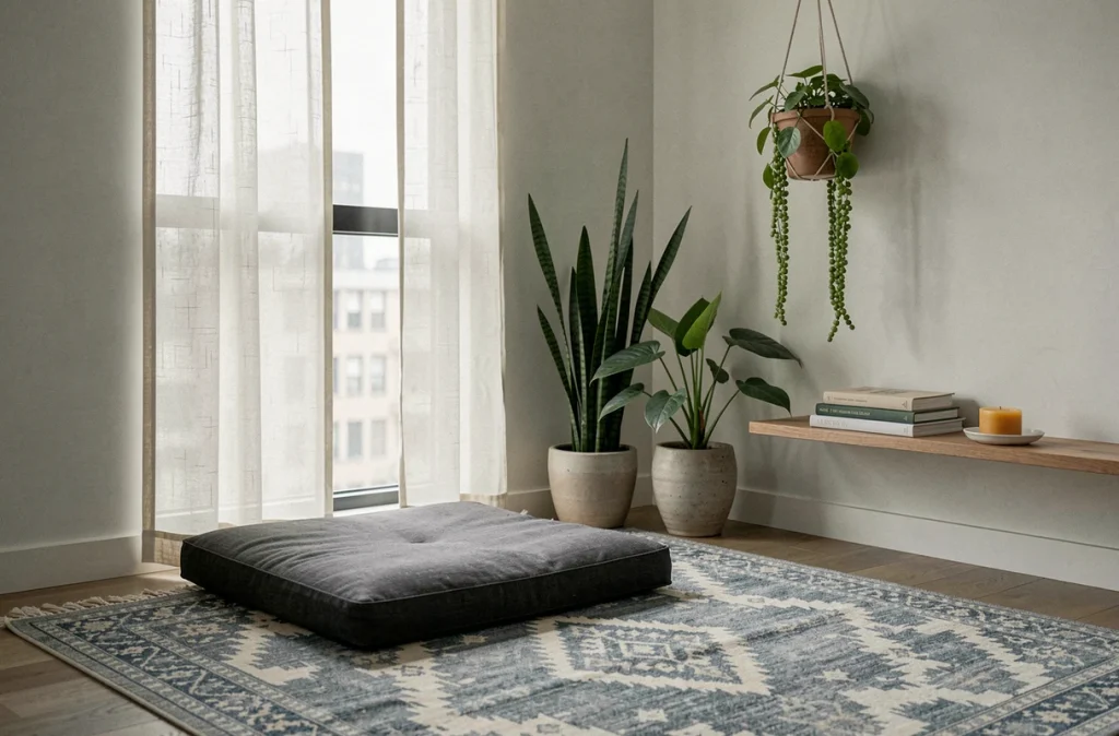 Coin lecture japonisant avec tapis à motifs indigo, plantes variées et coussin de sol en lin gris