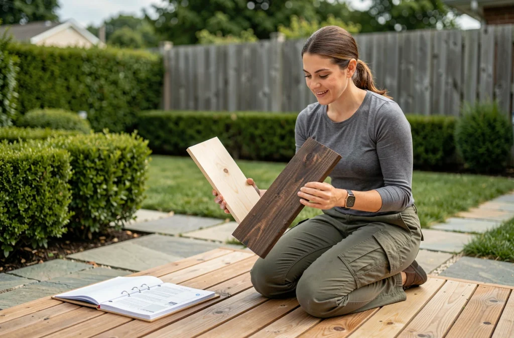 Architecte paysagiste comparant deux échantillons d'essences de bois pour une terrasse extérieure dans un jardin résidentiel