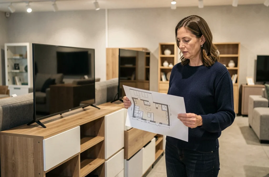 Femme comparant deux modèles de meubles TV d'angle en showroom avec un plan de salon à la main pour faire le bon choix avant commande