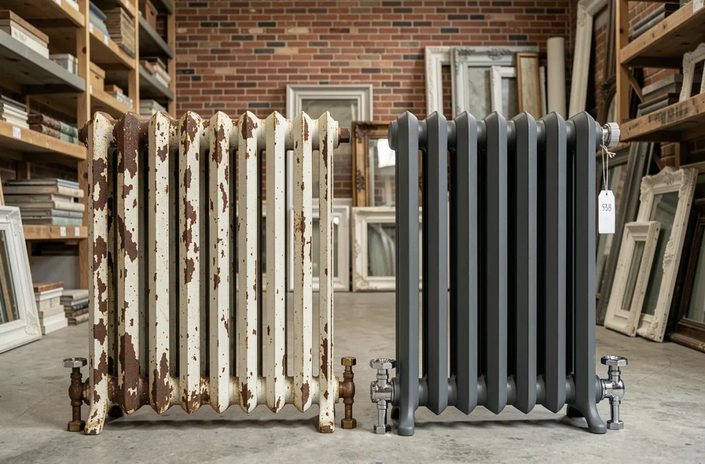Comparaison côte à côte d'un radiateur en fonte ancien usagé et d'un modèle identique entièrement rénové dans une boutique de matériaux de récupération