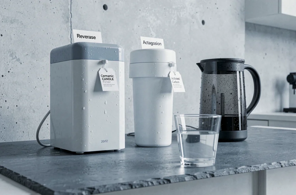 Comparaison de trois systèmes de filtration d'eau différents sur un plan de travail en ardoise