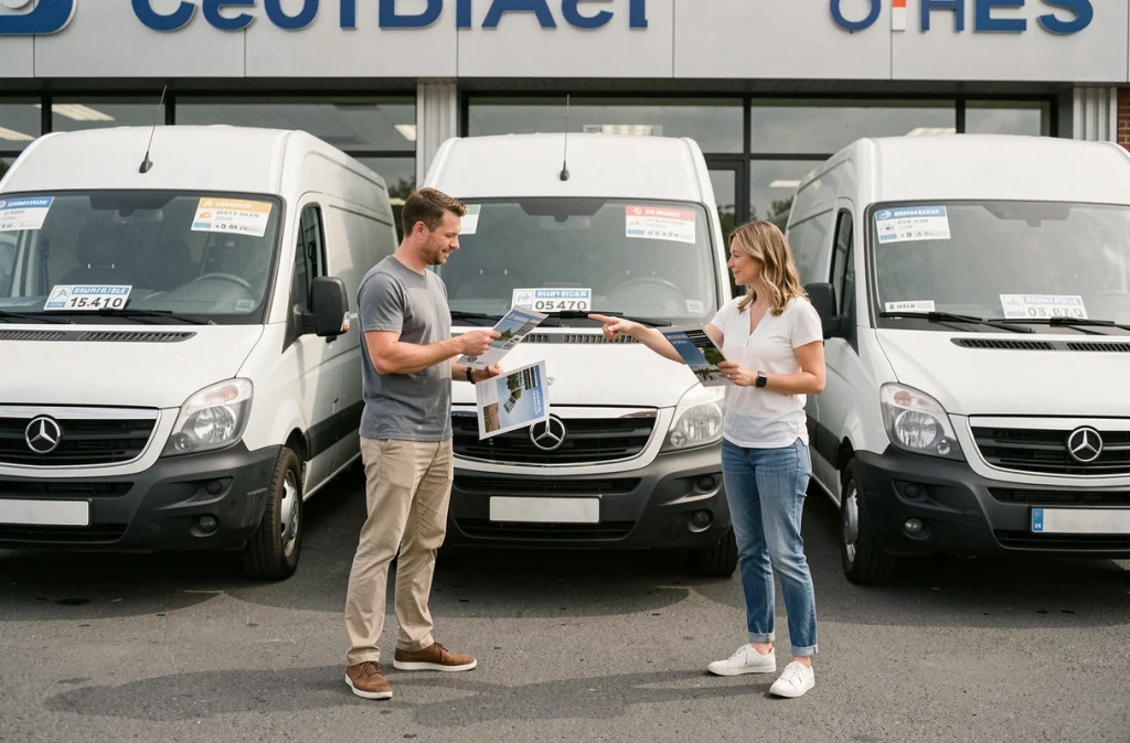 Couple comparant différentes tailles de véhicules utilitaires de location dans une agence de déménagement