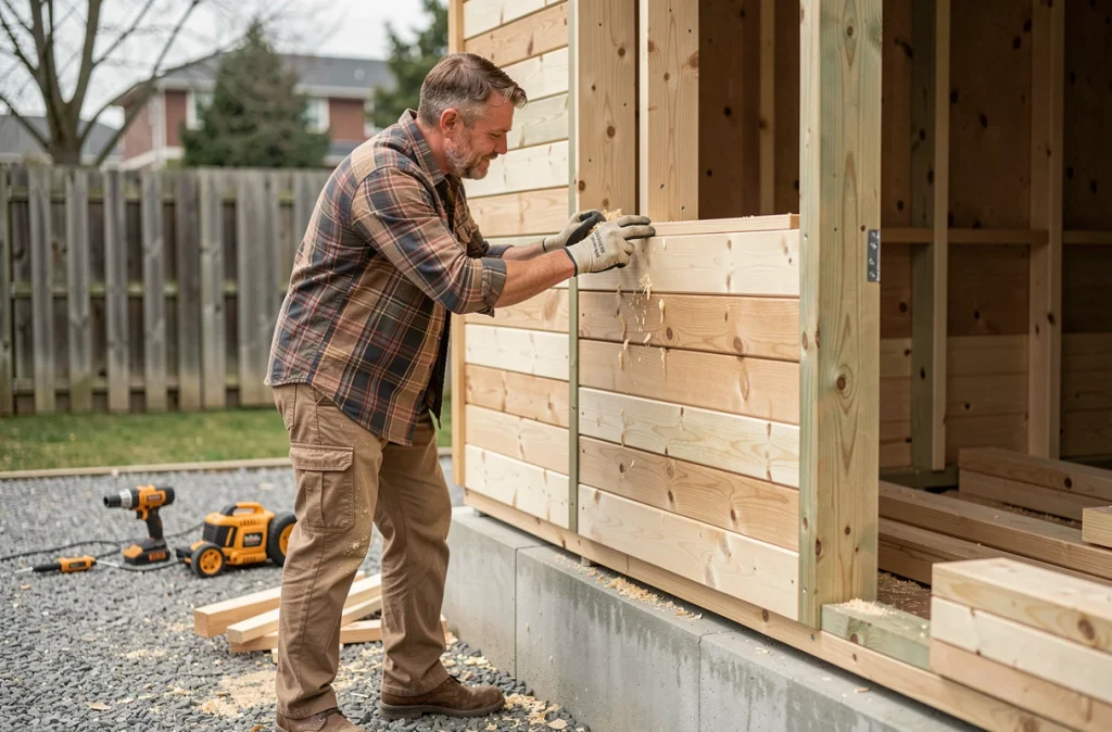 Homme en train de construire un abri de jardin en bois sur une dalle en béton avec des outils de charpente