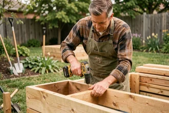 Homme en tablier assemblant une jardinière surélevée en bois de cèdre dans un jardin suburban au printemps
