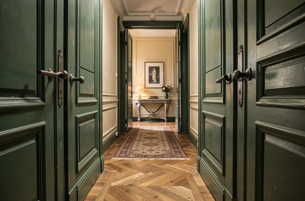 Couloir haussmannien avec poignées de porte en métal vieilli sur doubles portes vert forêt et parquet en chevrons