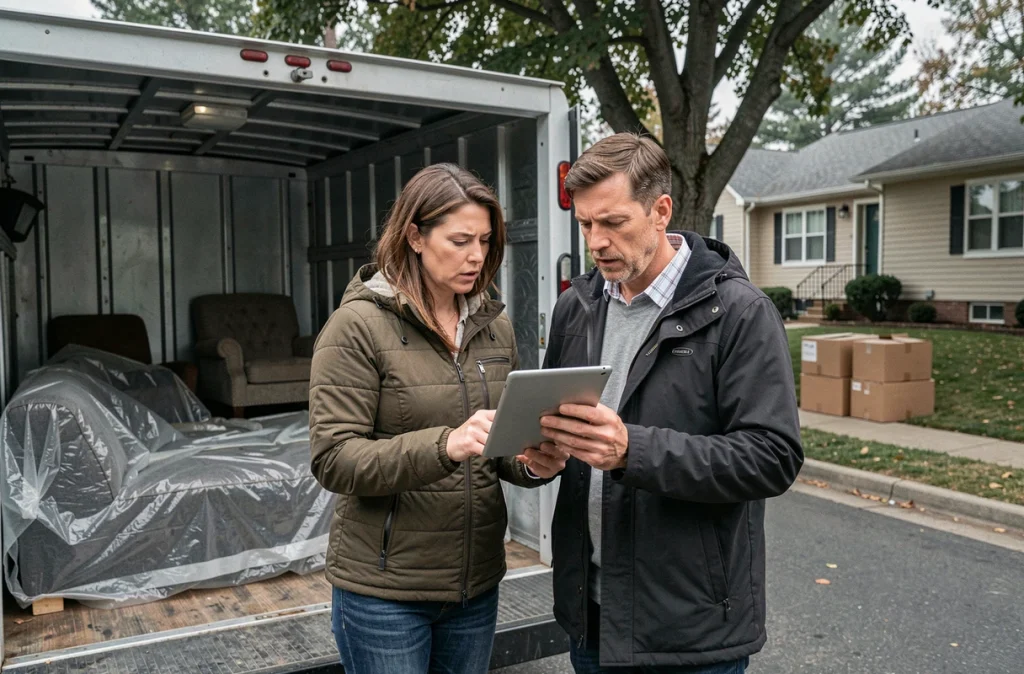 Couple devant un camion de déménagement consultant une check-list sur une tablette avec des meubles et cartons prêts à être chargés