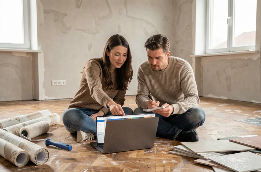 Couple planifiant la rénovation de leur appartement vide à l'aide d'un logiciel de plan 3D en ligne sur ordinateur portable