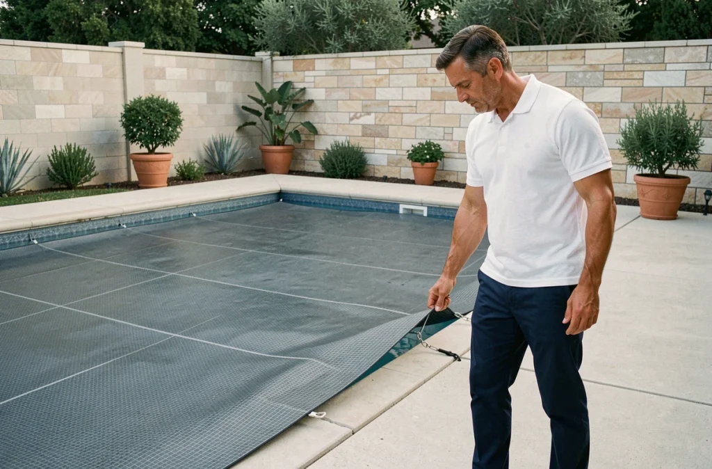 Homme ajustant une couverture de sécurité tendue sur une piscine enterrée dans un jardin résidentiel