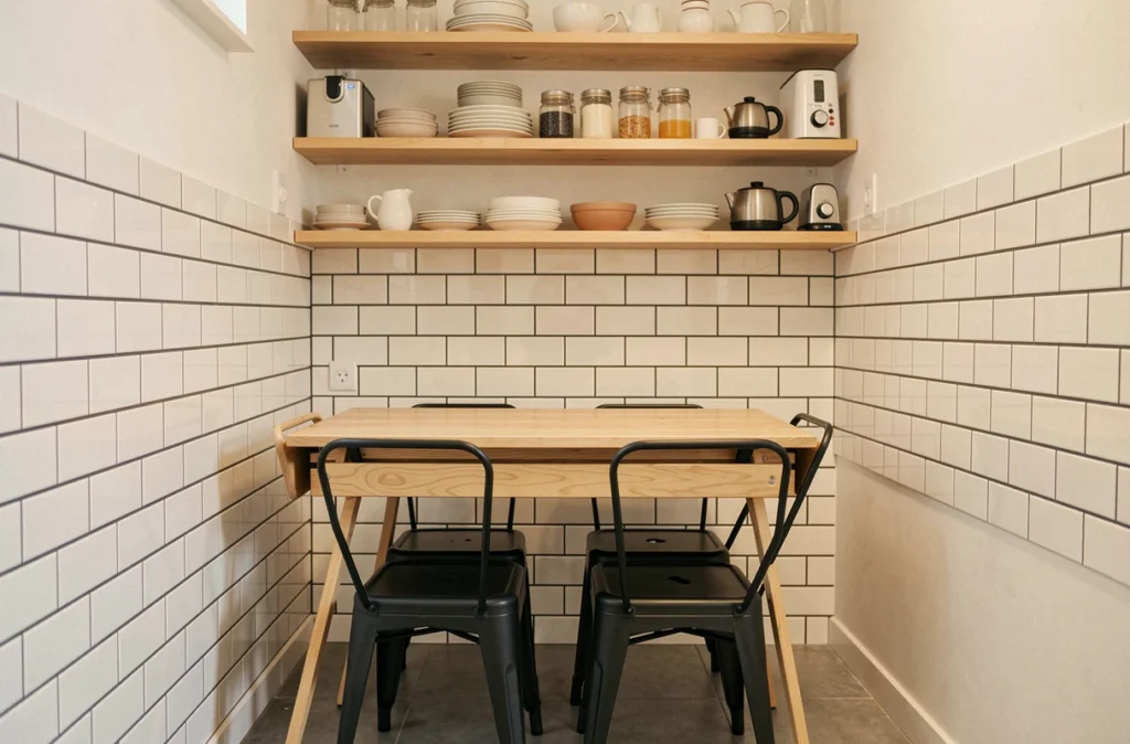 Cuisine étroite avec table murale pliante BUT et chaises empilables pour optimiser un petit espace repas