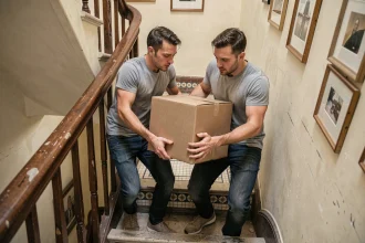 Deux déménageurs portant un carton dans l'escalier étroit d'un immeuble parisien sans ascenseur