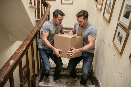 Deux déménageurs portant un carton dans l'escalier étroit d'un immeuble parisien sans ascenseur