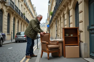 Homme déposant des encombrants sur le trottoir parisien devant un immeuble haussmannien