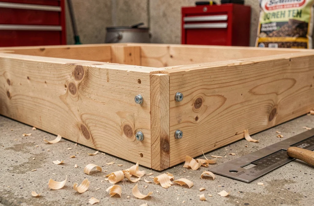 Gros plan sur l'assemblage d'angle d'une jardinière surélevée en bois de cèdre avec vis galvanisées et équerre de charpentier