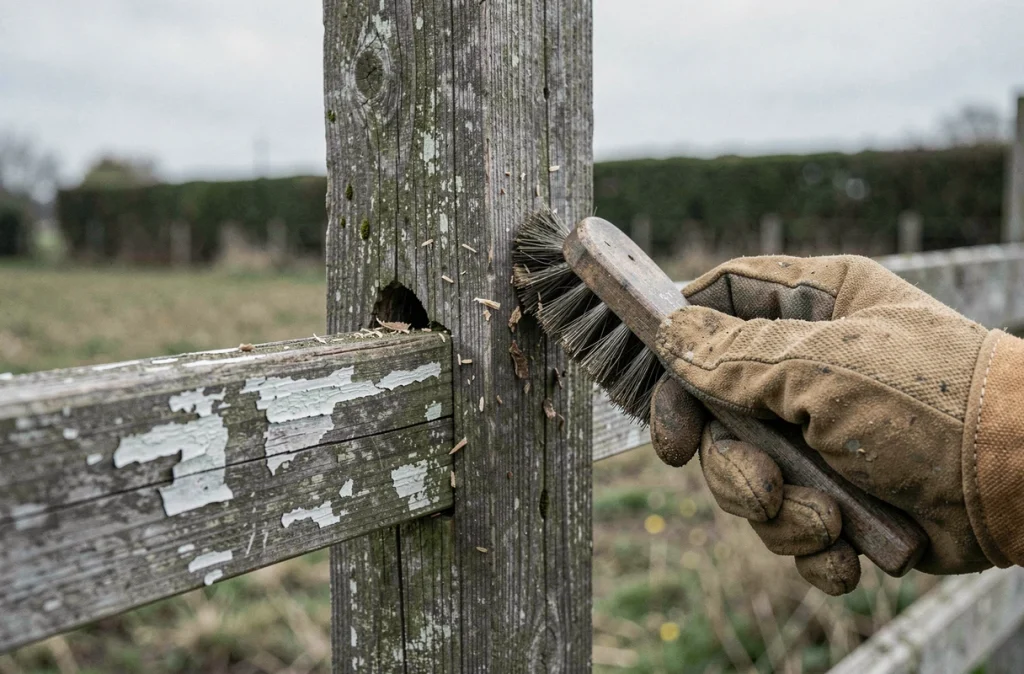 Gros plan sur une clôture en bois détériorée par les intempéries en cours de nettoyage avec une brosse métallique